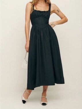Reformation Balia Black Linen Bustier Midi Dress